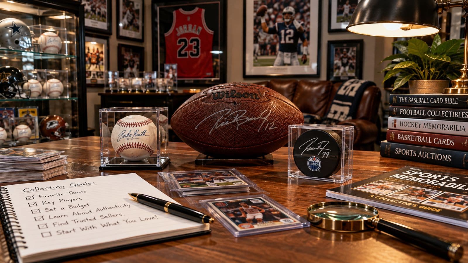 A football, a basketball and a hockey puck under stadium lights, the mood of a sports memorabilia collection